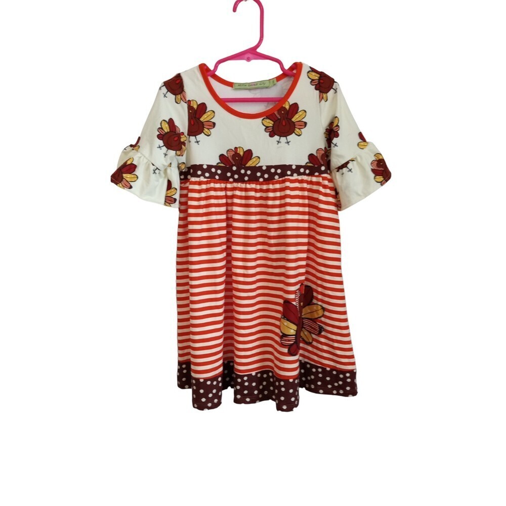 Millie loves lily Thanksgiving Girls adorable Turkey print and‎ stripe dress